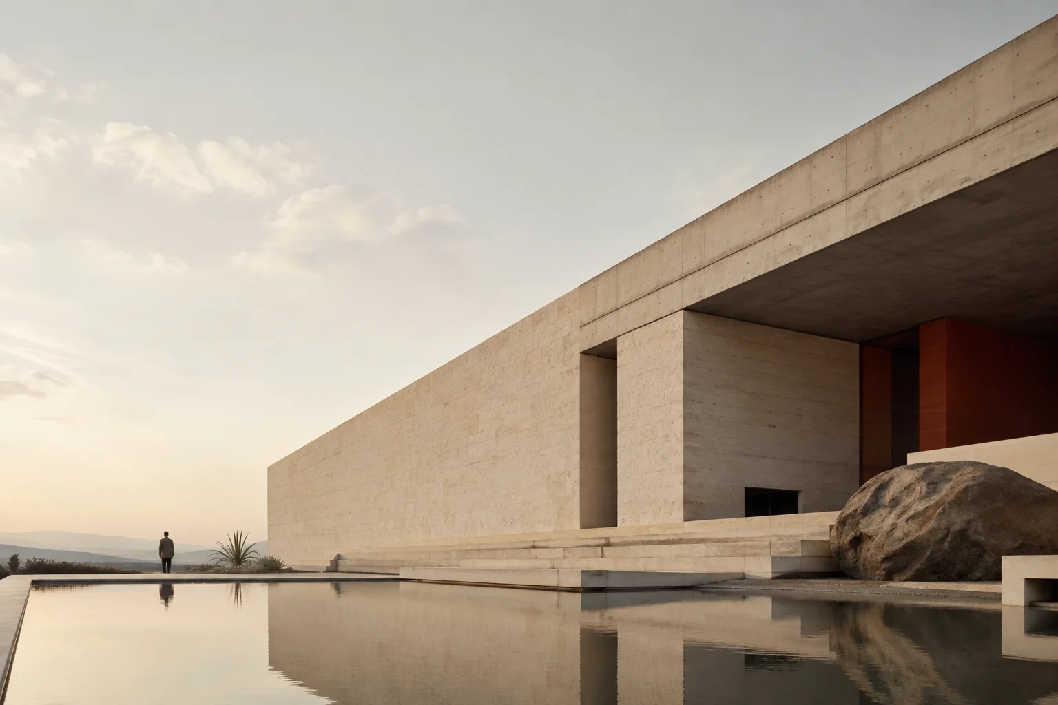 Casa contemporánea de piedra junto a un espejo de agua